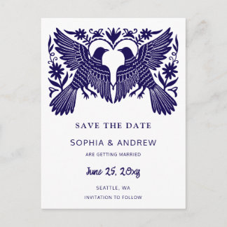 Carte Postale Faire-part Art Populaire Otomi Mexicain Bleu Save The Date