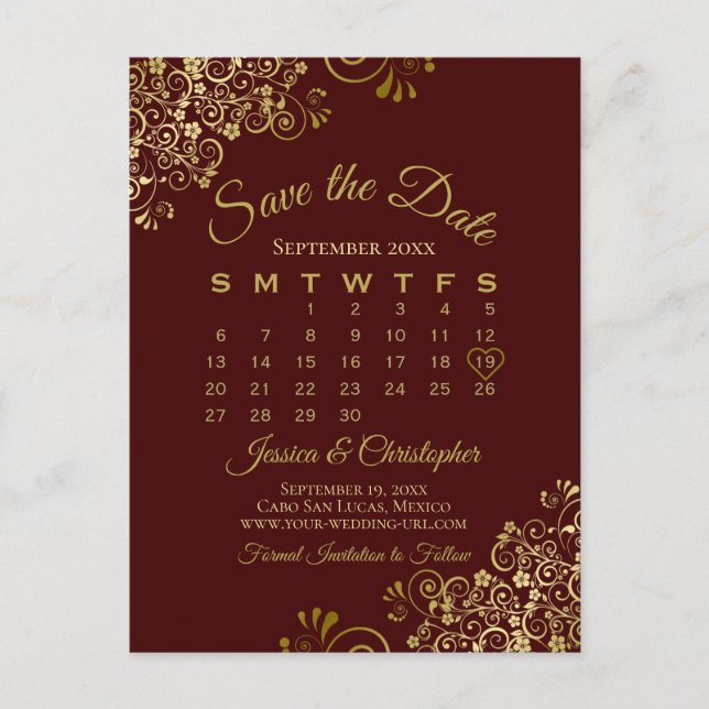 Carte Postale Faire-part Auburn Brown Gold Wedding Enregistrer le calendrie (Devant)