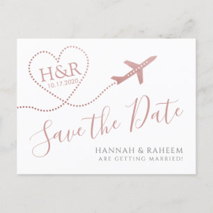 Carte Postale Faire-part Avion Coeur rose Destination Mariage Date de sauve