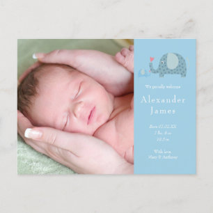Carte Postale Faire-part Baby Boy Blue Polka Dot Elephants Photo Naissance
