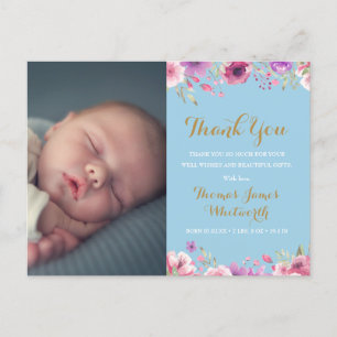 Carte Postale Faire-part Baby Boy Floral Script Photo Merci Naissance