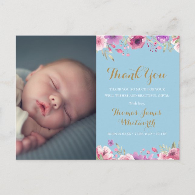 Carte Postale Faire-part Baby Boy Floral Script Photo Merci Naissance (Devant)