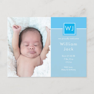 Carte Postale Faire-part Baby Boy Photos Bleu Élégant Chic Monogramme Naiss