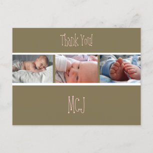 Carte Postale Faire-part Baby monogram merci, insérez vos photos