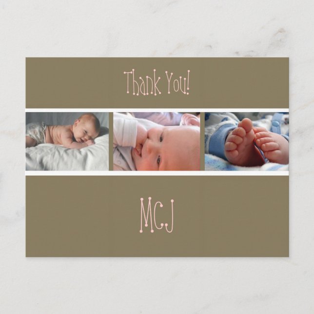 Carte Postale Faire-part Baby monogram merci, insérez vos photos (Devant)