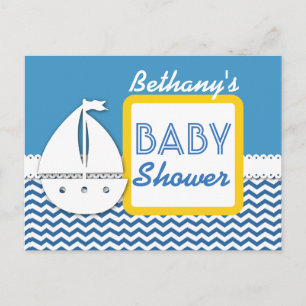 Carte Postale Faire-part Baby Shower Chevrons Bleus et Voilier pour Garçon 