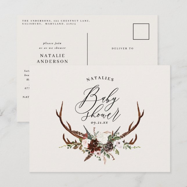 Carte Postale Faire-part Baby shower de cerf en script botanique rustique (Devant / Derrière)
