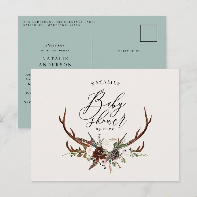 Carte Postale Faire-part Baby shower de cerf en script botanique rustique (Devant / Derrière)