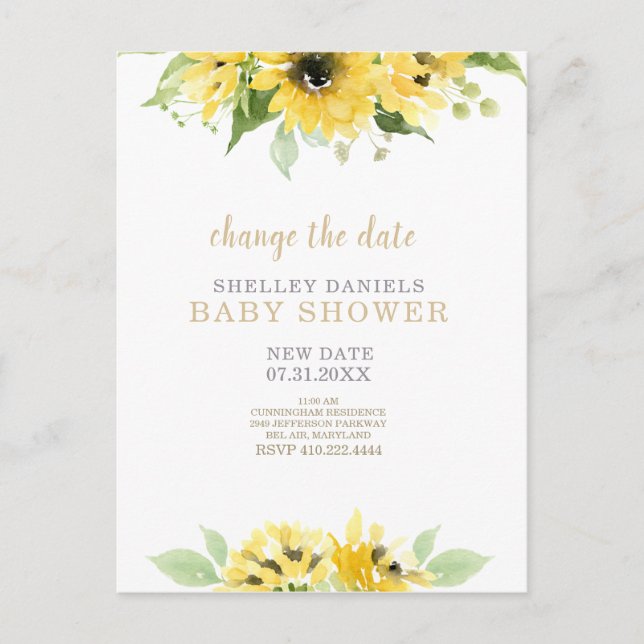 Carte Postale Faire-part Baby shower moderne de tournesol Changer la date (Devant)