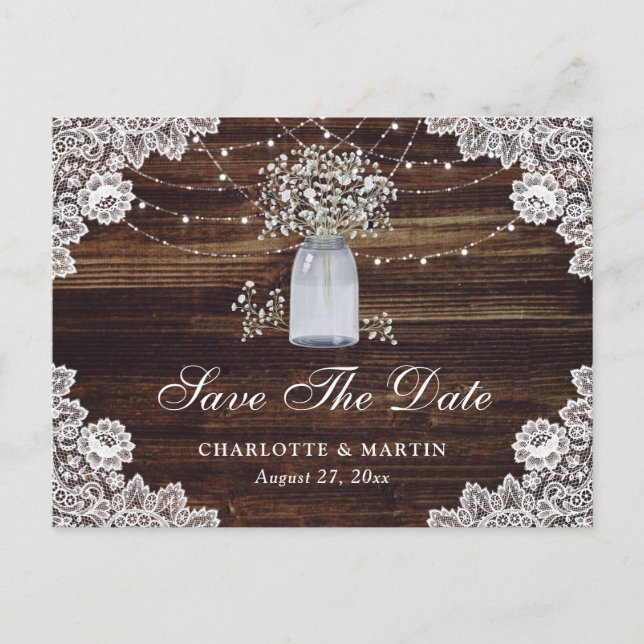 Carte Postale Faire-part Baby's Breath Wood Mason Jar Wedding Wedding Save  (Devant)