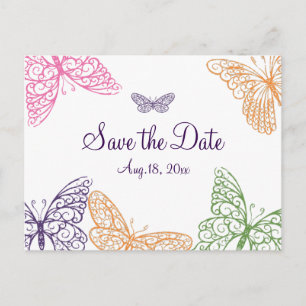 Carte Postale Faire-part Baisers de papillon violet Enregistrez la date