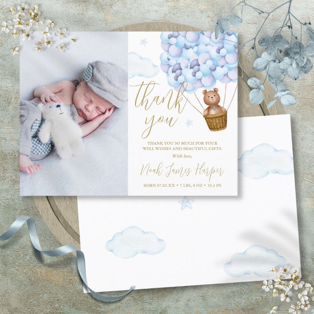 Carte Postale Faire-part Ballons Bleus Ours Merci bébé photo Naissance (Blue Balloons Bear Thank You Baby Photo Birth Announcement Postcard)