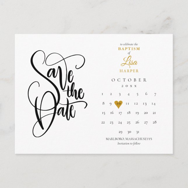 Carte Postale Faire-part Baptême Enregistrer la date Calendrier Gold Heart (Devant)