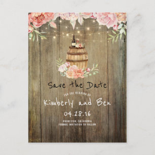 Carte Postale Faire-part Baril de vin et Fleurs roses Rustique Enregistrer 