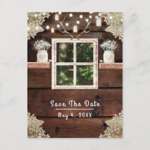 Carte Postale Faire-part Barne rustique Fenêtre Arbre & Mason Jar Enregistr
