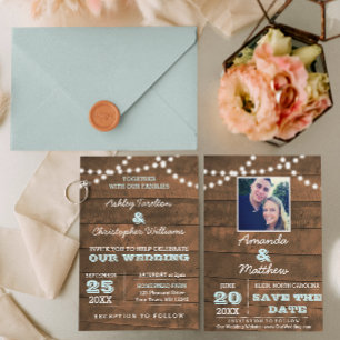 Carte Postale Faire-part Barnwood Lights Aqua Wedding Enregistrer la date