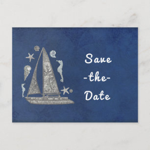 Carte Postale Faire-part Bateau argenté nautique et objets de plage Sauvega