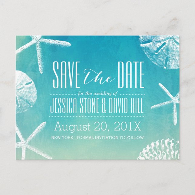 Carte Postale Faire-part Beach Seashells Mariage Aquarelle Enregistrer la d (Devant)