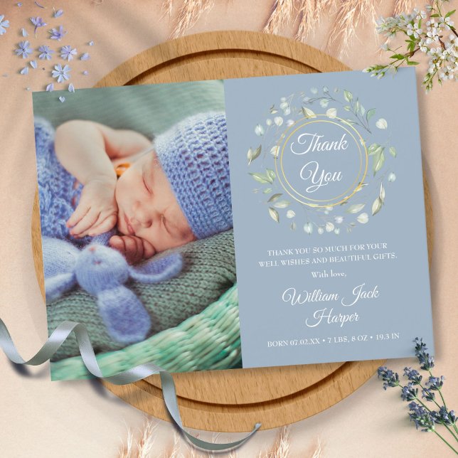 Carte Postale Faire-part Bébé bleu poussiéreux Photo Merci floral Naissance (Dusty Blue Baby Photo Floral Thank You Birth Announcement Postcard)