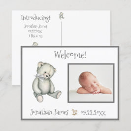 Carte Postale Faire-part Bébé Gris Neutre Typographie Nom Statistiques