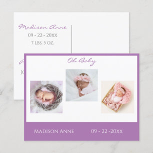 Carte Postale Faire-part Bébé Photo Purple Girl Script Statistiques Naissan