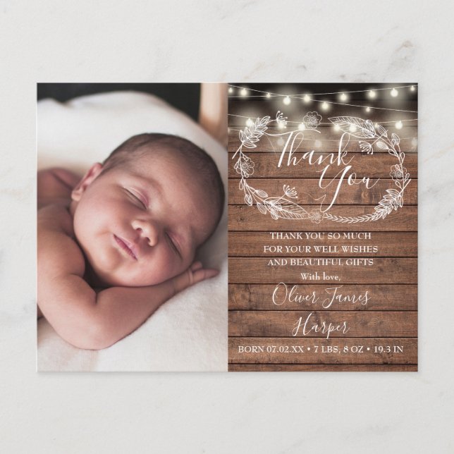Carte Postale Faire-part Bébé Photo Rustique String Lumières Merci Naissanc (Devant)