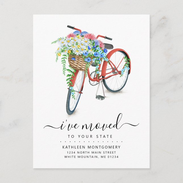 Carte Postale Faire-part Bicycle rouge Pink Basket Floral Moving (Devant)