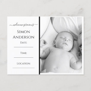 Carte Postale Faire-part Bienvenue bébé nouveau-né noir blanc moderne Éléga