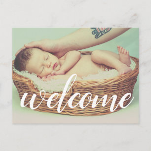 Carte Postale Faire-part Bienvenue Overlay de Photo de Script Blanc Personn