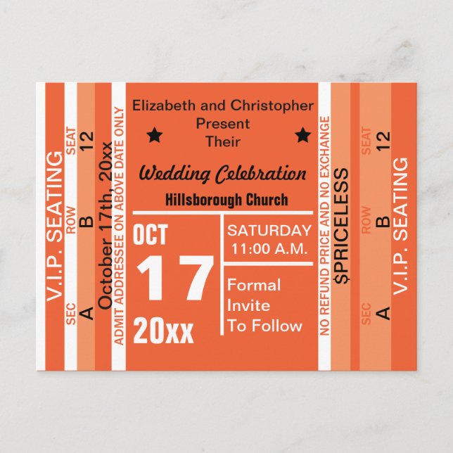 Carte Postale Faire-part Billet Pour Amuser Mariage Enregistrer La Date Ora (Devant)