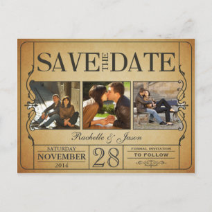 Carte Postale Faire-part Billet vintage Enregistrer la date — 3 images