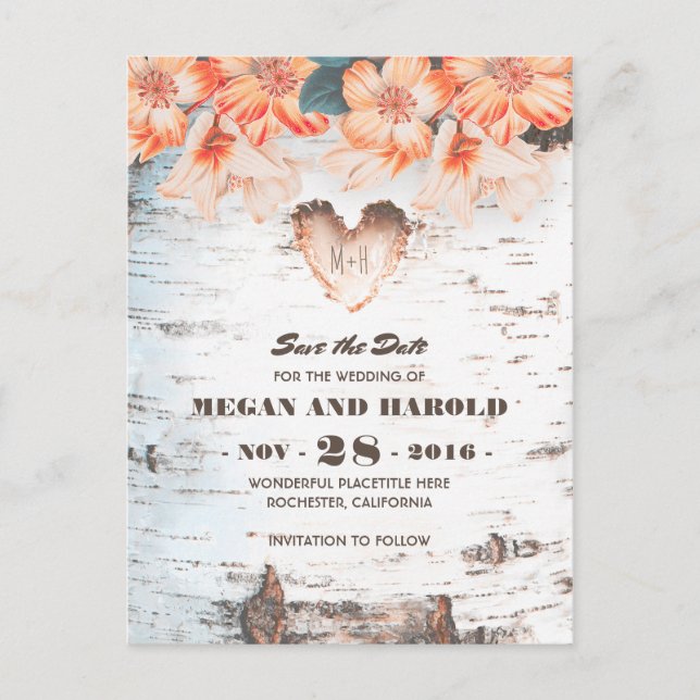 Carte Postale Faire-part Birch Heart Rustic Country Fall Enregistrer la dat (Devant)