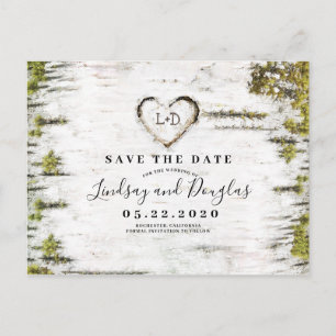 Carte Postale Faire-part Birch Tree Heart Rustic Enregistrer la date