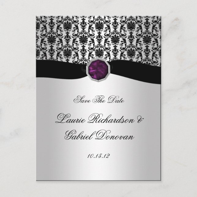 Carte Postale Faire-part Black and Silver Purple Jewel Enregistrer la date (Devant)
