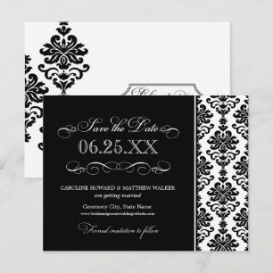 Carte Postale Faire-part Black and White Elegant Damask Enregistrer la date