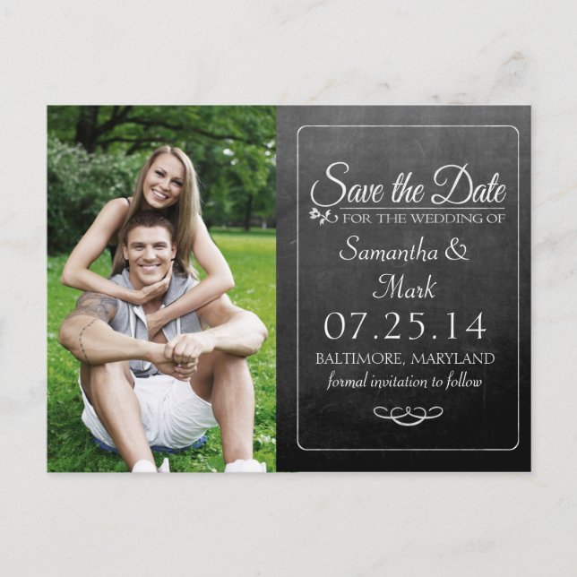 Carte Postale Faire-part Black Chalkboard Photo Enregistrer la date (Devant)