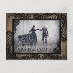 Carte Postale Faire-part Black Lace Burlap Moderne Goth Photo Enregistrer l