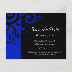 Carte Postale Faire-part Black/Royal Blue Reverse Swirl Enregistrer la date