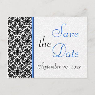 Carte Postale Faire-part Black, White, Blue Damask Enregistrer la date Cart