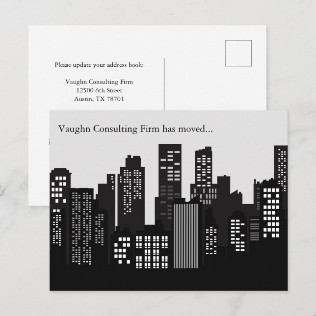 Carte Postale Faire-part Black White Building Skyline Business Moving (Devant / Derrière)