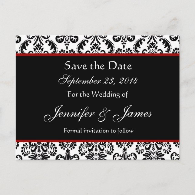 Carte Postale Faire-part Black White et Red Damask Enregistrer la date Cart (Devant)