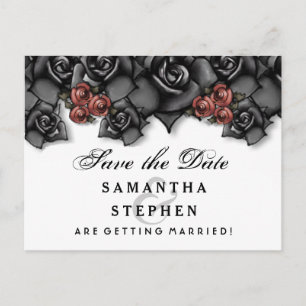 Carte Postale Faire-part Black White Red Roses Halloween Date de sauvegarde