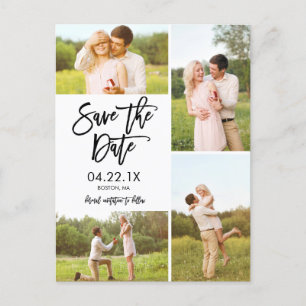 Carte Postale Faire-part Blanc Chic Enregistrer La Date Collage 4-Photo