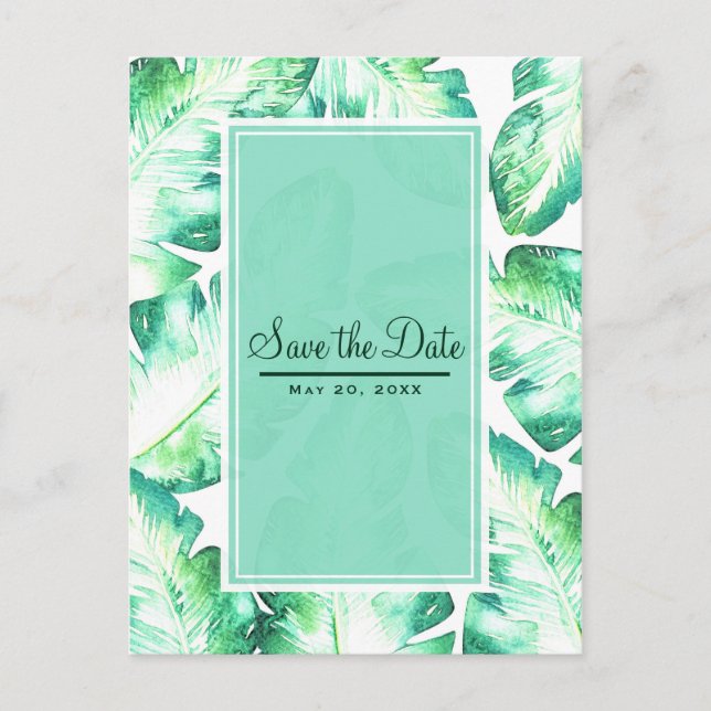 Carte Postale Faire-part Blanc de plage et feuilles tropicales vertes Enreg (Devant)