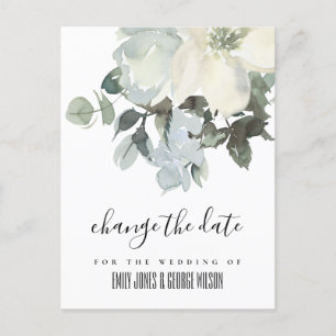 CARTE POSTALE FAIRE-PART BLANC IVOIRE DOUX FLEURS MARIAGE CHANGER LA DATE