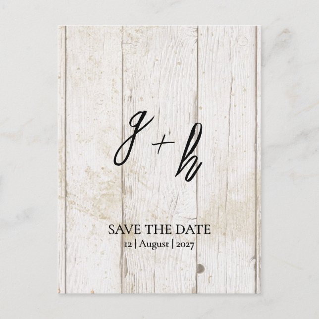 Carte Postale Faire-part Blanc Minimaliste Bois Vintage Sauver Date Initial (Devant)