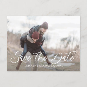 Carte Postale Faire-part Blanc Simple Calligraphie Sauvegarder la Date Phot