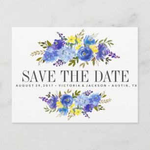 Carte Postale Faire-part Bleu clair Fleurs jaunes MARIAGE enregistrer la da