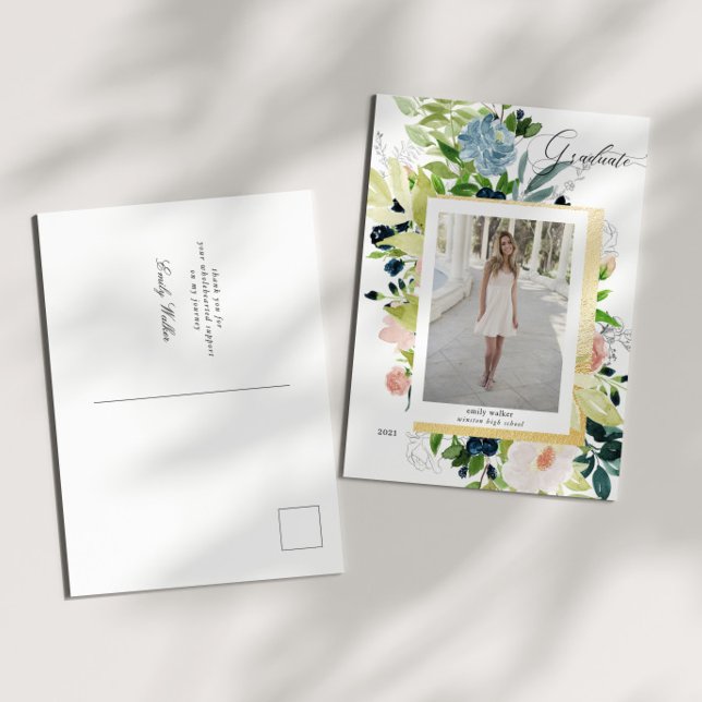Carte Postale Faire-part Bleu de minuit Floral Photo Graduation (Créateur téléchargé)