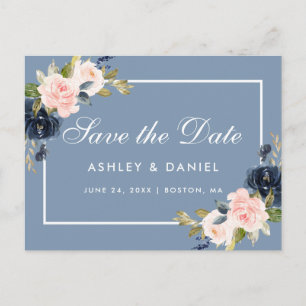 Carte Postale Faire-part Bleu et rose flou floral Enregistrer la date